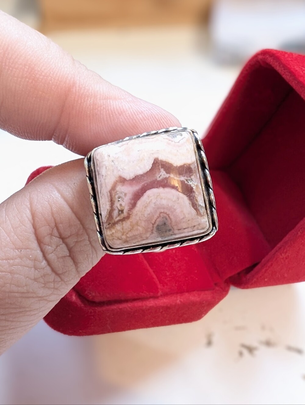 Vintage Handcrafted Rhodochrosite Gemstone In Sterling Silver Size 8